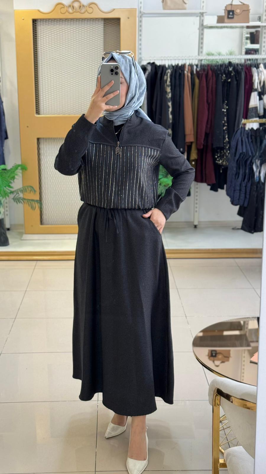 Armine Trend  Çizgili Panel Detaylı Yarım Fermuarlı Kadın Takım