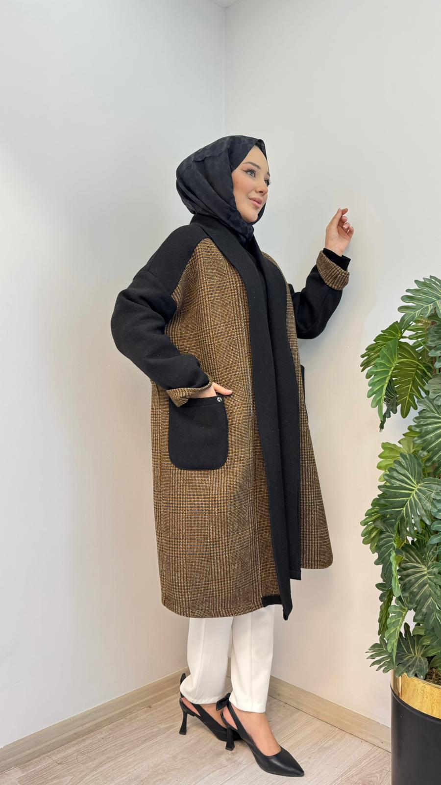 Armine Trend Minimal Tasarım Kare Desenli Tüvid Kaban