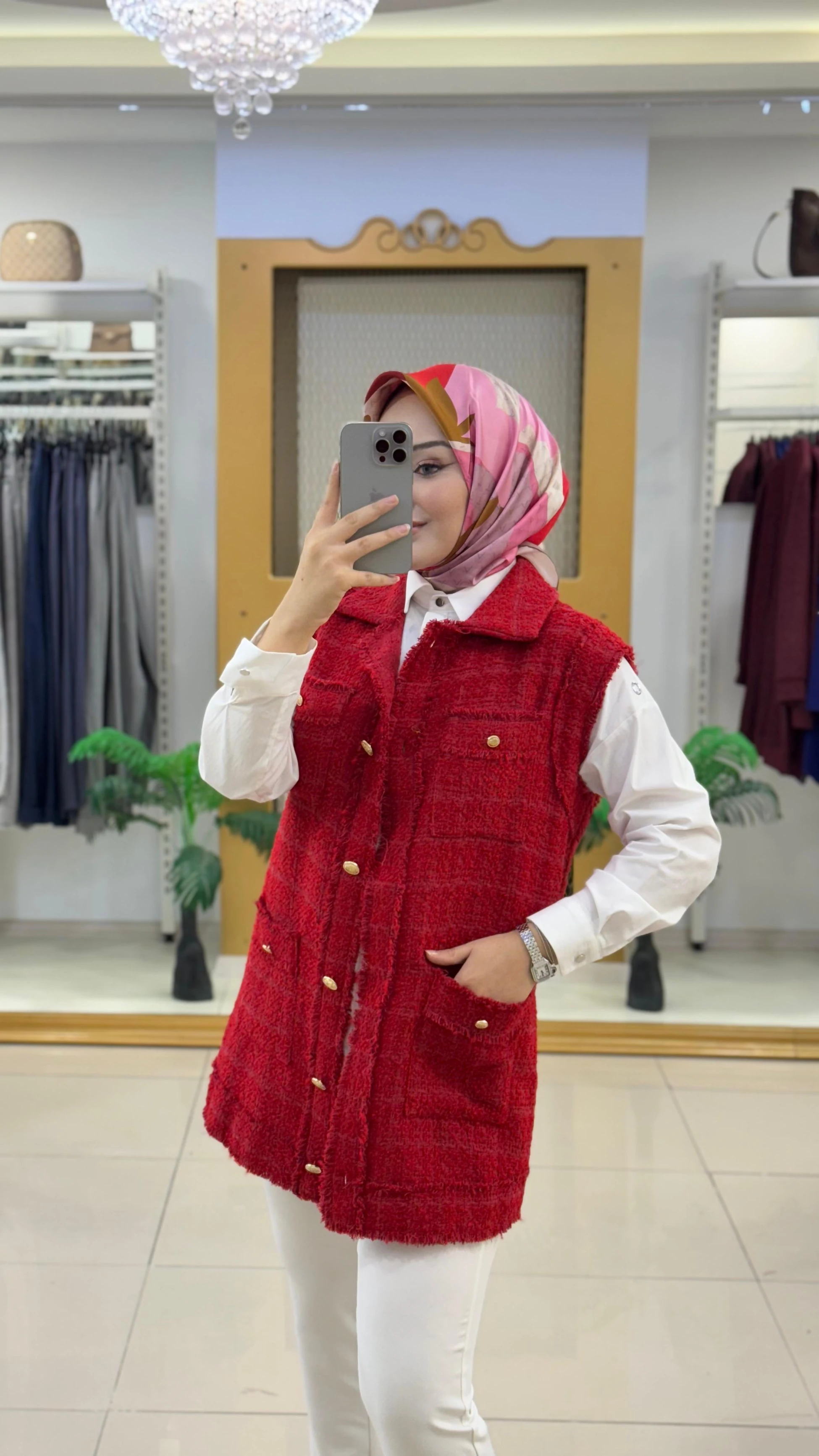 Armine Trend Düğmeli Dokulu Uzun Yelek