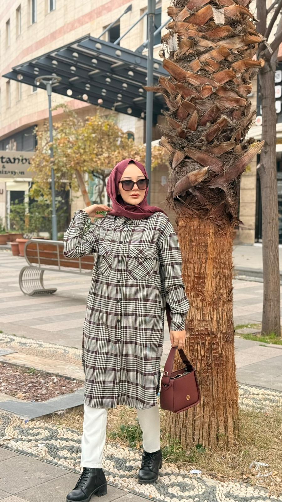 Armine Trend Kare Desenli Cepli Oduncu Gömlek Tunik
