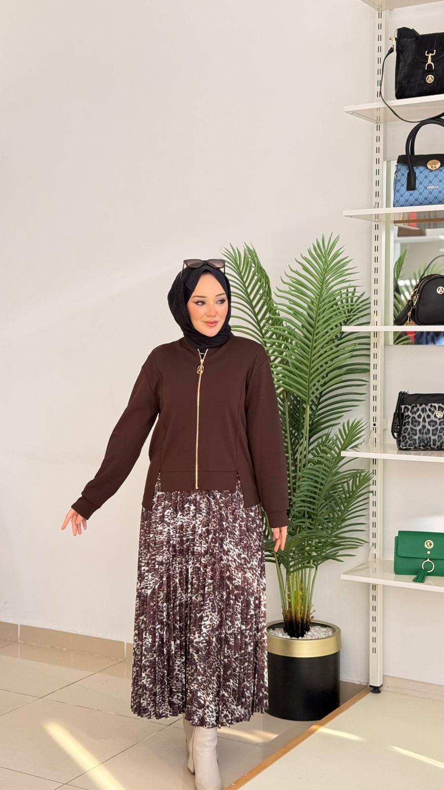 Armine Trend Fermuar Detaylı Desenli Etekli Takım