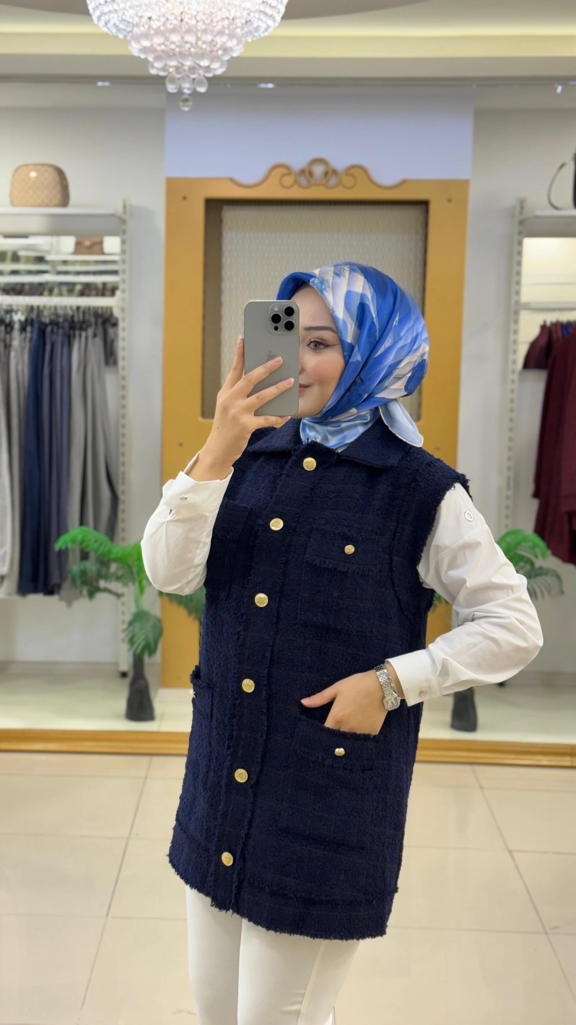 Armine Trend Düğmeli Dokulu Uzun Yelek