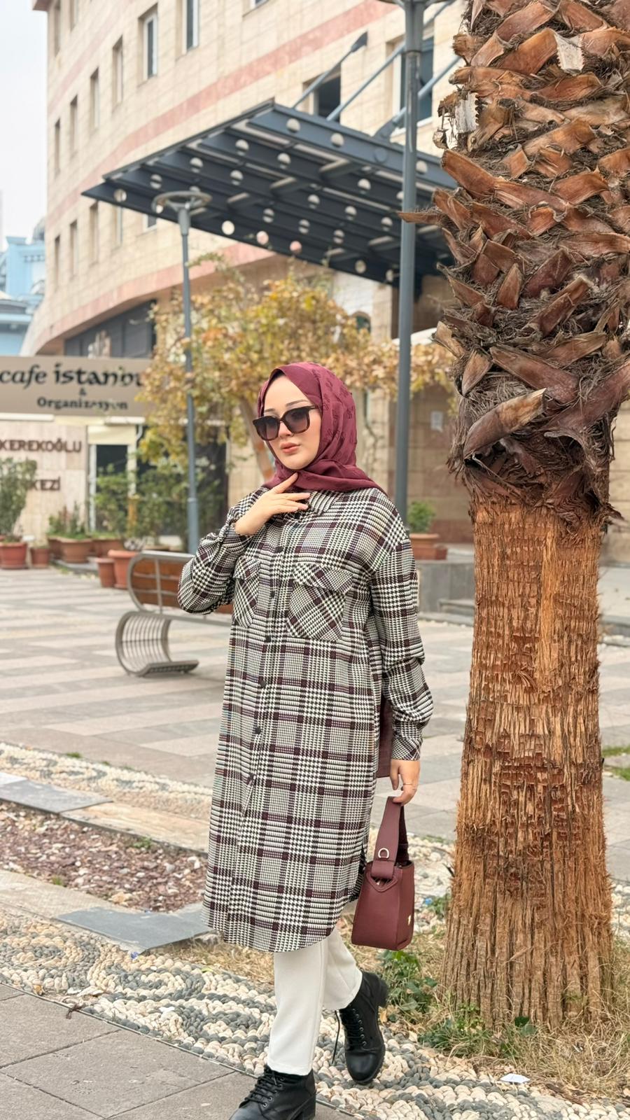 Armine Trend Kare Desenli Cepli Oduncu Gömlek Tunik