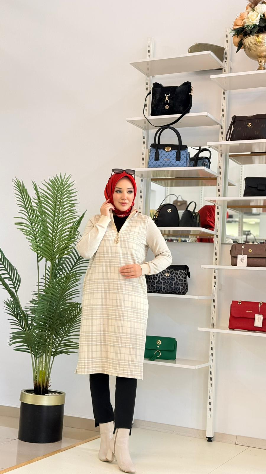Armine Trend Ekose Desenli Yarım Fermuarlı Tunik